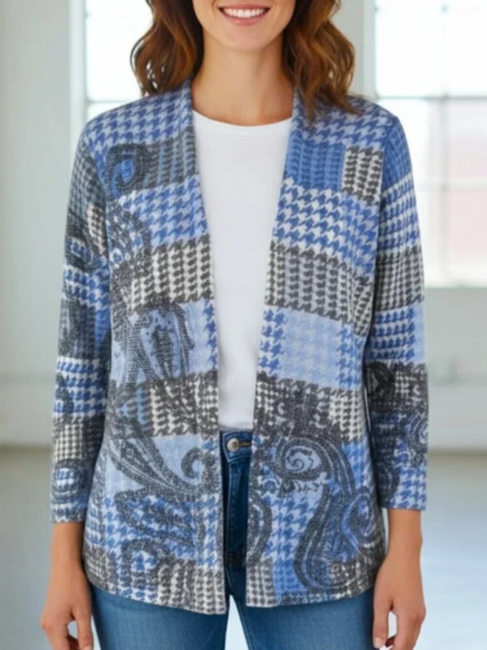 Talbots Blue/Gray Pure Merino Wool Houndstooth Open-Front Cardigan Size XL #2679